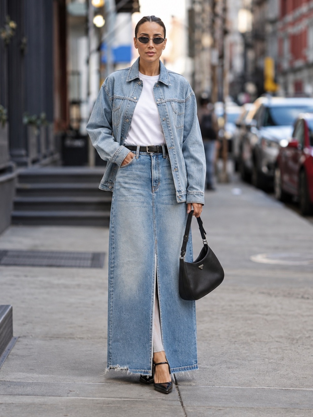 Denim Midi Skirt High Rise Front Slit Raw Hem harper haritage 27